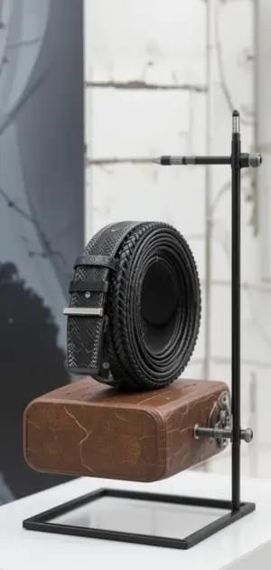 Black mid-range men’s belt featuring braided accents and a stylish matte buckle.