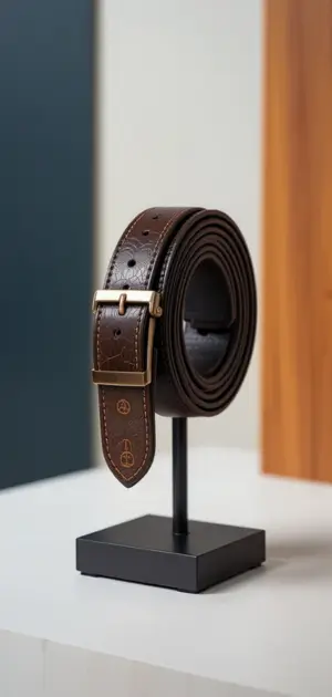 Brown mid-range men's belt featuring a gold buckle and minimalist design accents.