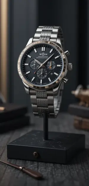 Modern men’s mid-range watch featuring a black chronograph dial and metal bracelet.