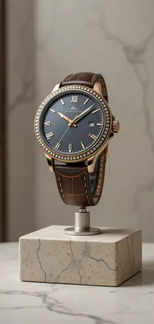 Men’s mid-range watch featuring a gold bezel, blue dial, and brown leather strap.