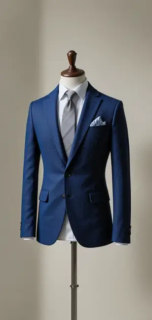 A tailored navy minimalist blazer on a mannequin, styled with a tie and pocket square.