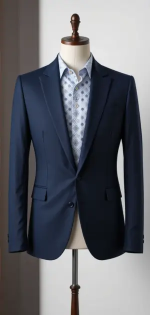 A men’s navy minimalist blazer on a mannequin, showcasing sleek and modern design.