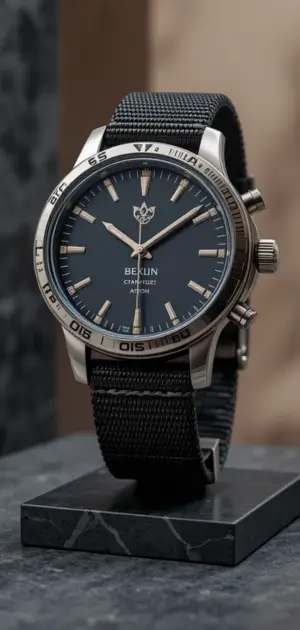 Men’s nylon watch featuring a blue dial, silver case, and a robust black nylon strap.