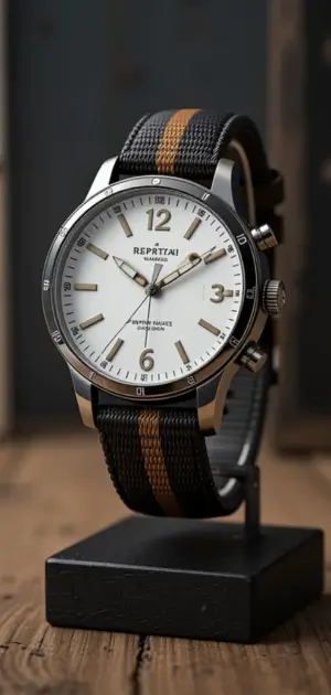 Men’s nylon watch featuring a white dial, silver case, and striped black and orange strap.