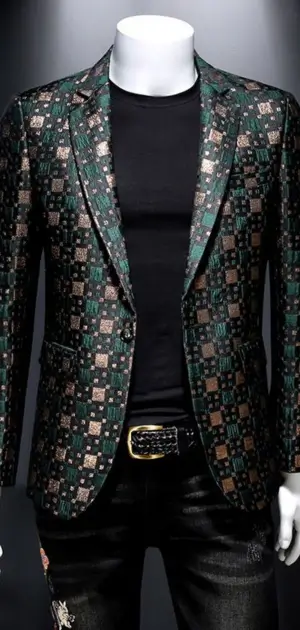 A men’s plaid blazer designed with green and gold tones and detailed square patterns, perfect for a refined style.