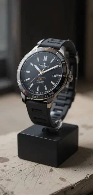 Men’s rubber watch featuring a black dial, silver case, and a stylish perforated strap.