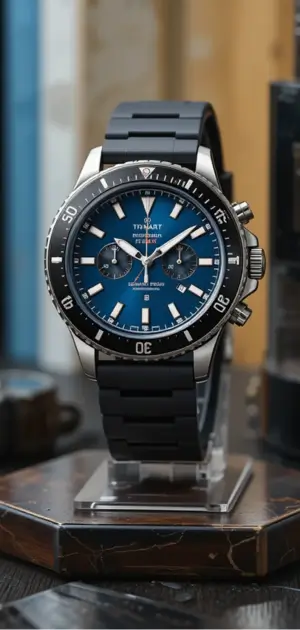 Men’s rubber watch featuring a blue dial, silver case, and sturdy black strap.