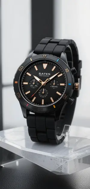 Men’s silicone watch featuring a black dial, black case, and a durable silicone strap.