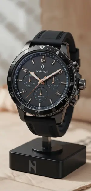 Men’s silicone watch featuring a black dial, silver case, and a robust black strap.