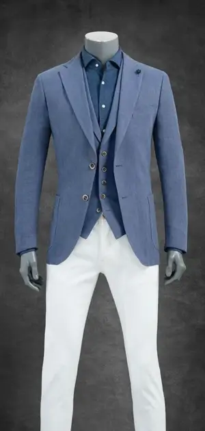 The mannequin is wearing a solid blue blazer with white trousers, perfect for formal style.