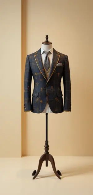 A tailored men's blazer featuring gold detailing and updated streetwear aesthetics.