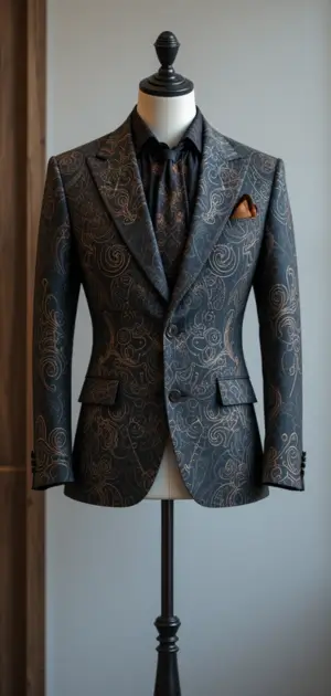 Men's streetwear blazer with intricate designs, blending sophistication and style.