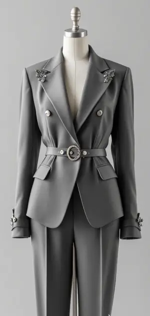 Grey double-breasted blazer with a round buckle belt and crystal accents