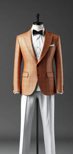 A textured orange blazer with white trousers, white shirt, and black bow tie on a mannequin