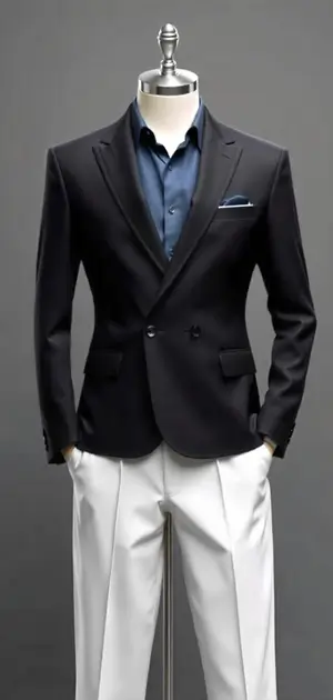 A black blazer paired with white trousers and a blue shirt