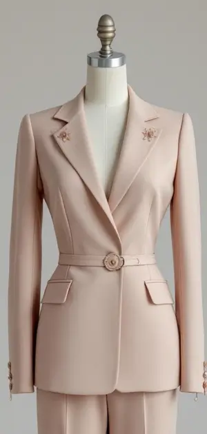 Light pink blazer with floral embroidery and a single-buckle belt