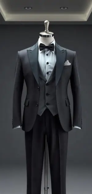 A black tuxedo with satin lapels, waistcoat, and bow tie on a mannequin