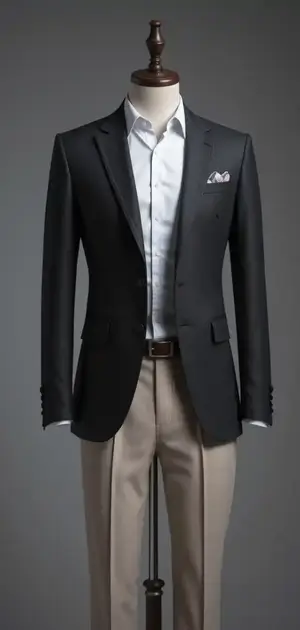 A black blazer paired with beige trousers and a white shirt