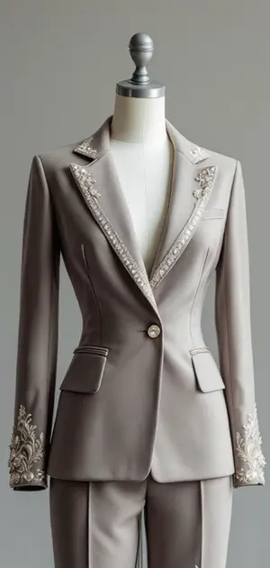 Taupe blazer with intricate embroidery on the collar and cuffs