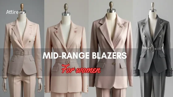 Mid-range blazers for women in various styles and colours, including beige, pink, and grey.