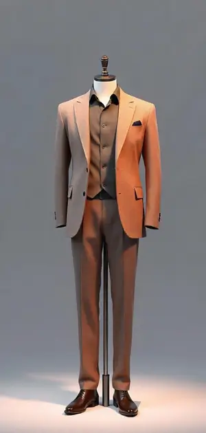 A tan blazer with matching trousers and a dark brown shirt