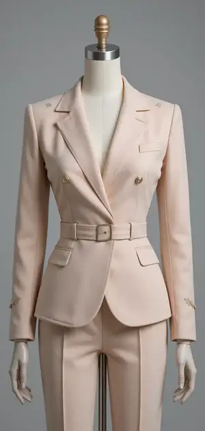 Beige blazer with belted waist and gold button accents