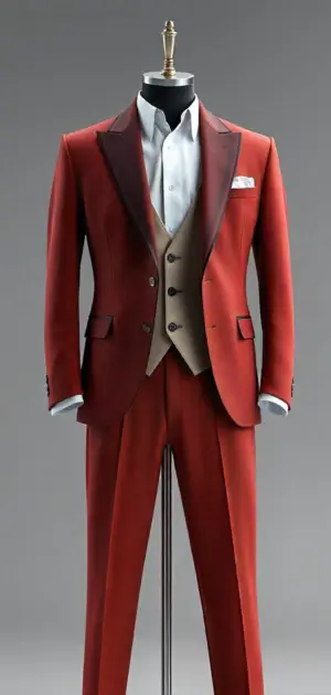 A red blazer with dark lapels, beige waistcoat, and red trousers on a mannequin