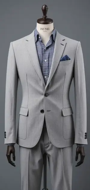 A light grey blazer with a subtle checkered pattern and matching trousers