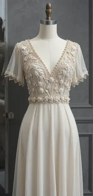 Beige dress with embroidery and layered skirt on mannequin