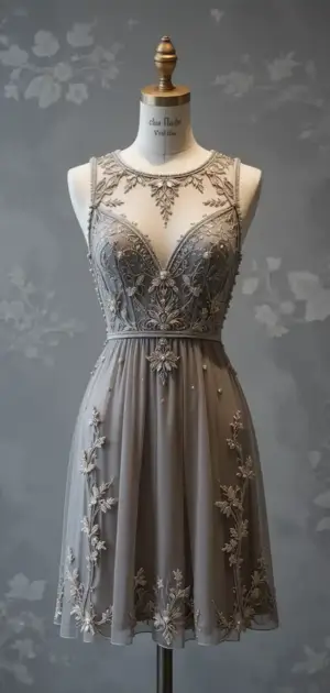 Sleeveless grey dress with floral embroidery on mannequin