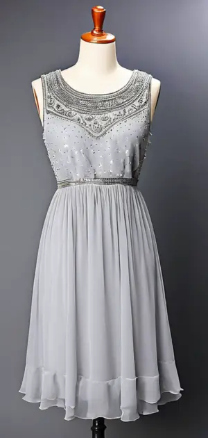 Grey dress with sequined top and flowing skirt on mannequin
