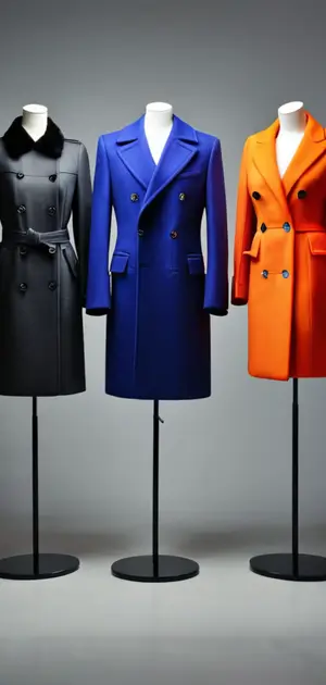 Assorted mid-range coats in black, blue, and orange