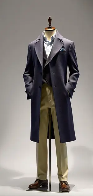 Navy mid-range coat styled with khaki trousers and a light blue shirt