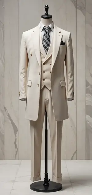 Cream-coloured mid-range coat styled with a matching three-piece suit and patterned tie