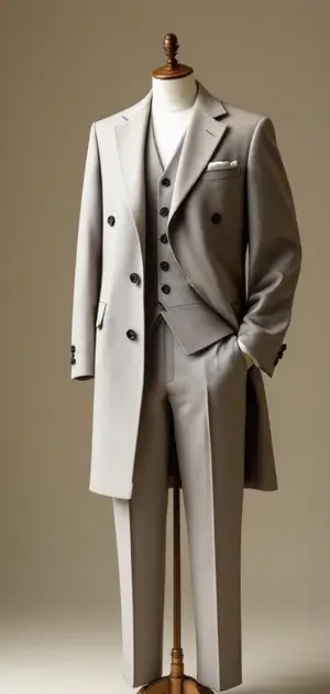 Grey double-breasted coat with a three-piece suit and white pocket square