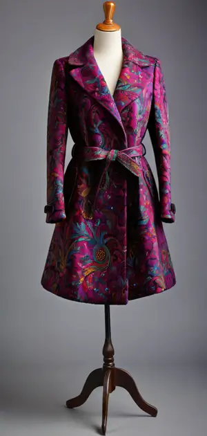 Colorful patterned belted coat on a mannequin