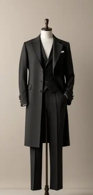 Black mid-range men's coat paired with a three-piece suit and pocket square