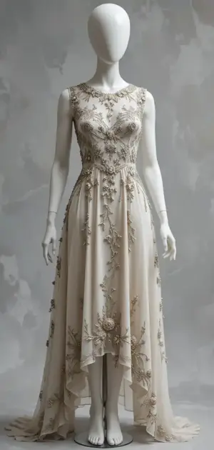 Beige long dress with detailed embroidery on mannequin
