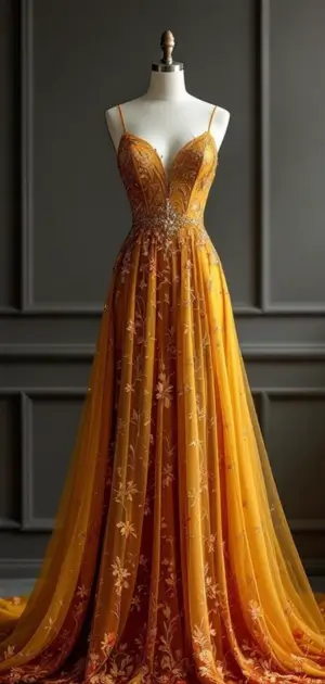 Regal yellow gown with delicate floral details