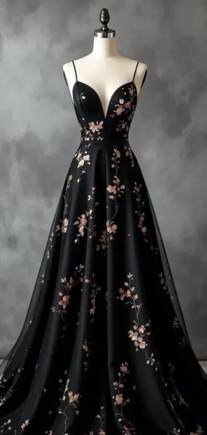 Black gown adorned with pink floral embroidery