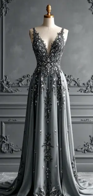 Sophisticated grey gown with silver floral embroidery
