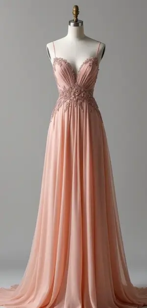 Delicate peach gown with ornate bodice detailing
