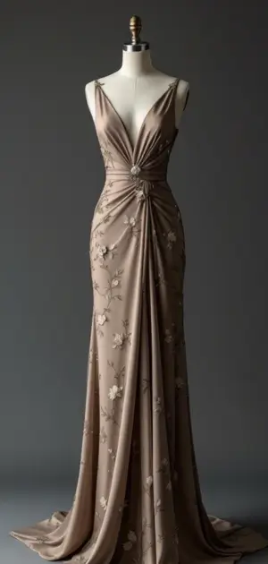Elegant taupe gown with floral embroidery