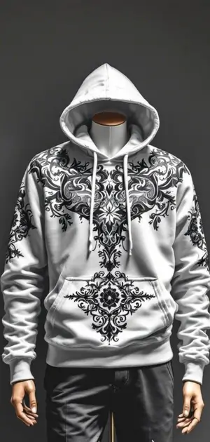 White hoodie with bold black baroque-style patterns