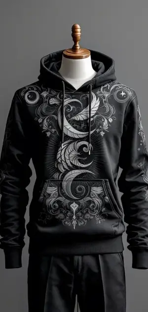 Black hoodie with celestial and ornate design