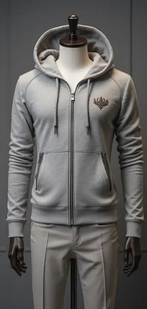 Grey zip-up hoodie with embroidered chest logo.