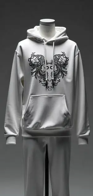 White hoodie with black ornate chest design