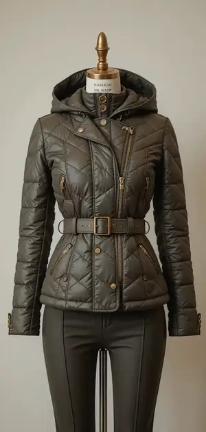 Grey puffer jacket with belt and hood