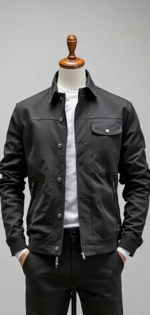 Black mid-range jacket with button and zip closures, styled with a white T-shirt