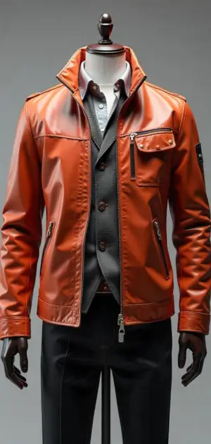 Orange leather jacket layered over a grey vest and white shirt on a mannequin